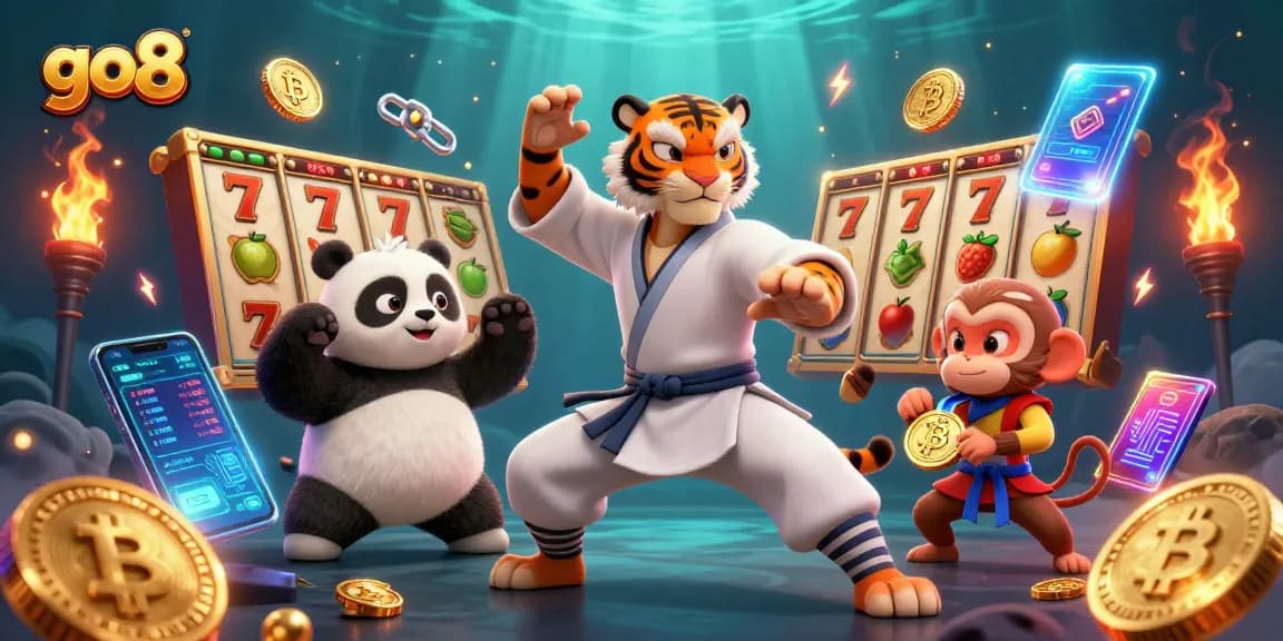 Join the fun at go8 casino with characters enjoying slots and jackpot excitement!