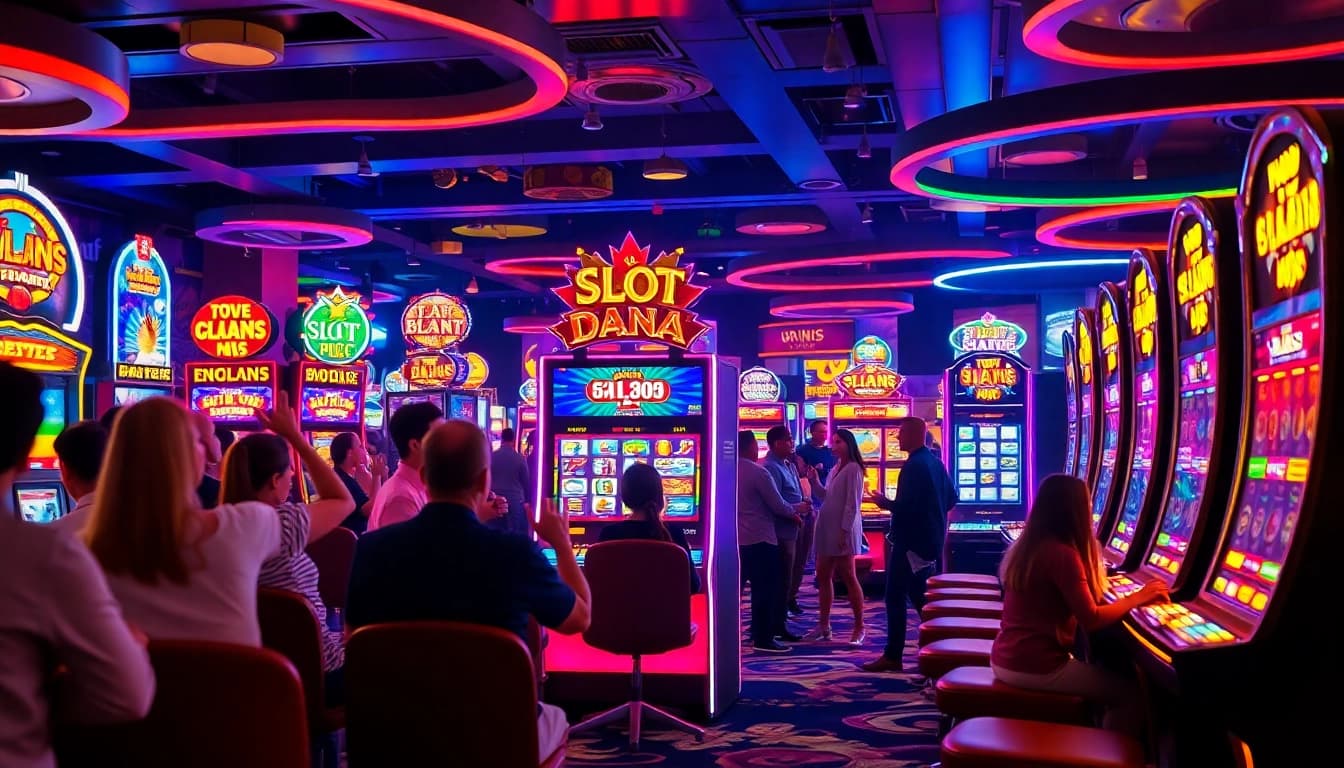 Slot Dana yang menarik dalam suasana kasino yang meriah dengan pemain yang antusias.