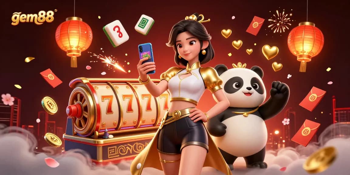 Engage in the vibrant world of gem88 casino with lively characters, slot games, and festive elements.