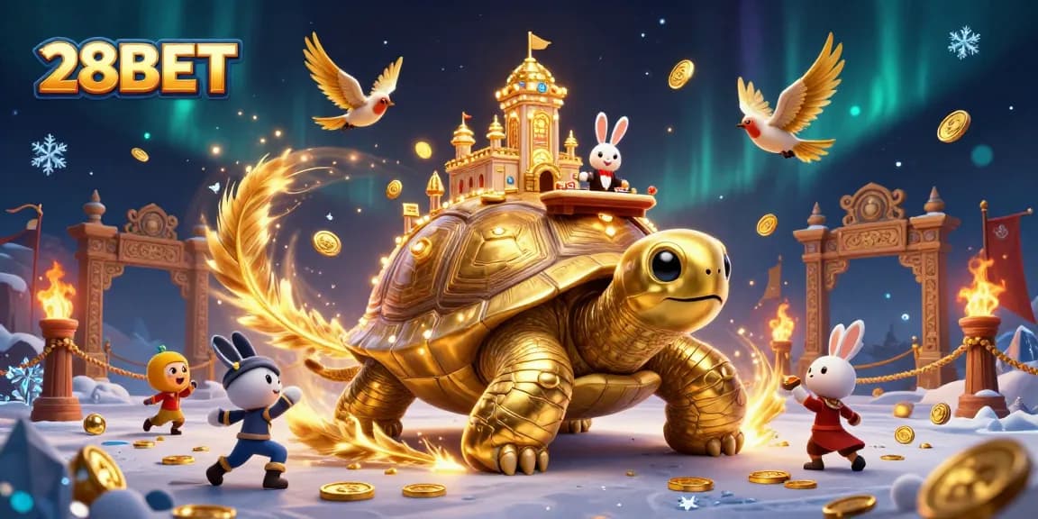 Experience winning thrills at 28BET with our vibrant gaming scene featuring a golden tortoise and rabbit dealer.