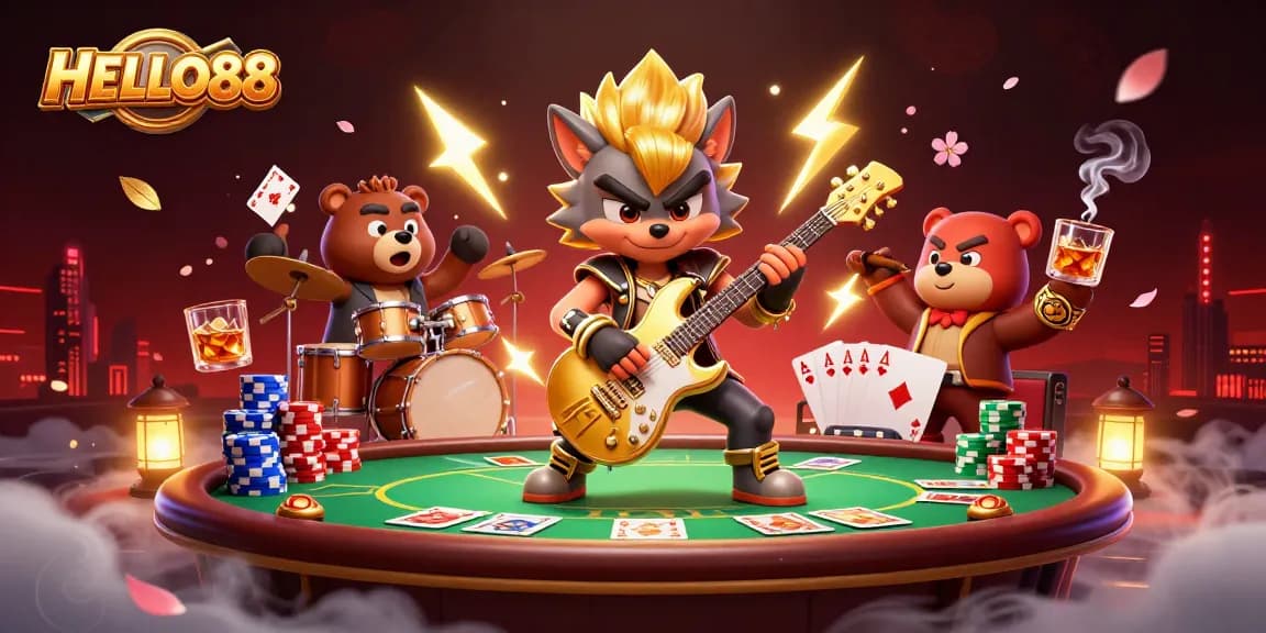 Experience the excitement of HELLO88 as a rock star wolf plays guitar on a vibrant casino stage.