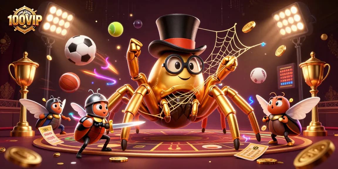 Experience the thrilling atmosphere with 100VIP as the golden tarantula weaves a web in a vibrant 3D casino.