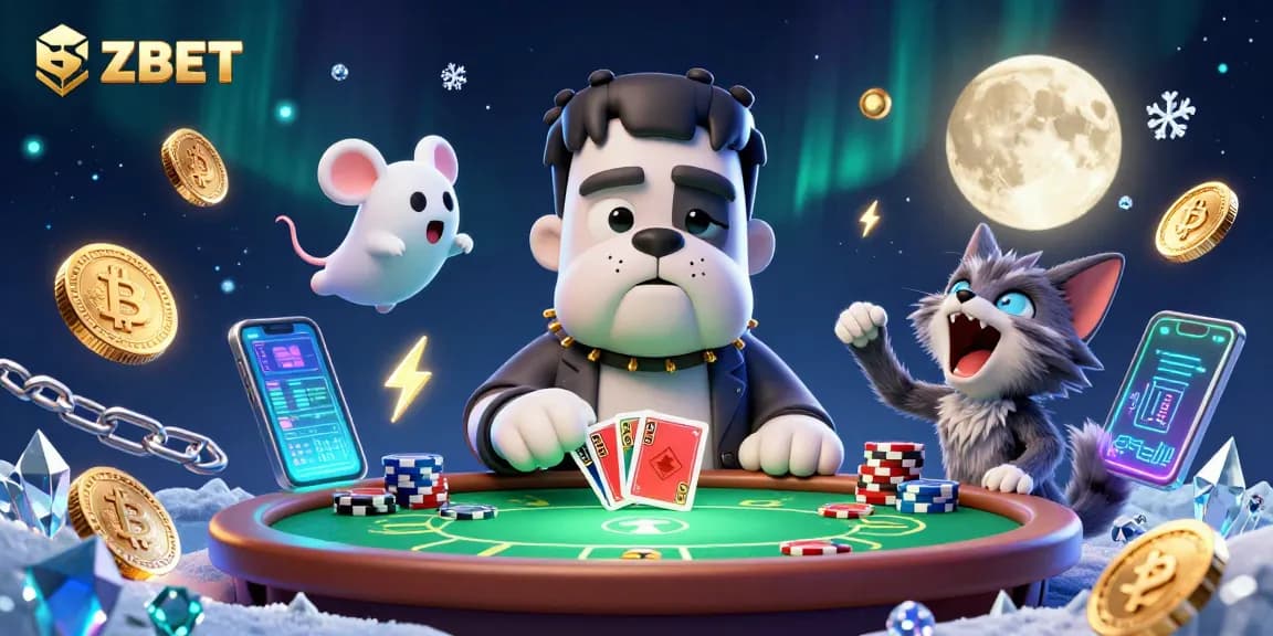 ZBET poker action featuring Frankenstein bulldog dealer and ghost mouse amidst crypto coins.
