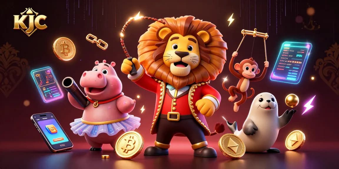 Experience joy with KJC as a 3D cartoon lion ringmaster and friends in a vibrant casino atmosphere.