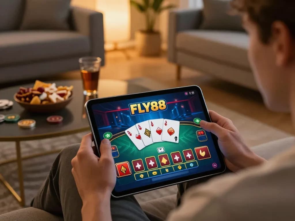 Fly88 user engaged in online gaming with vibrant graphics in a cozy home setup