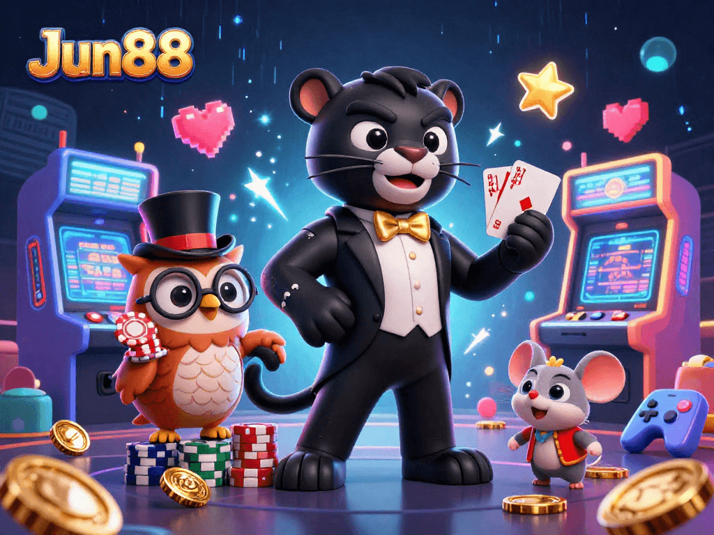 Experience thrilling gaming at Jun88 with a stylish panther dealer and lucky companions.