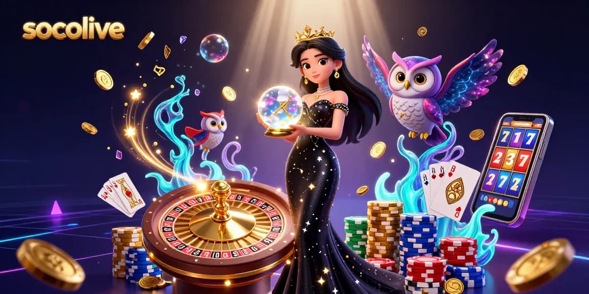 Engage with Socolive's vibrant gambling scene featuring a dynamic 3D character illustration.