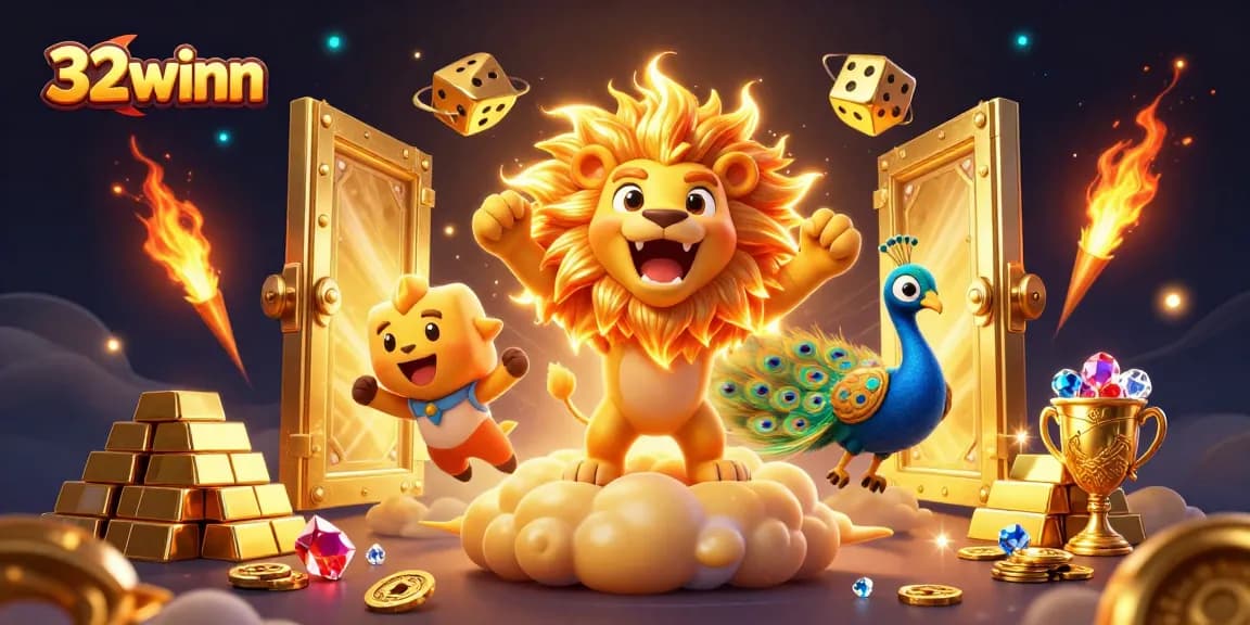 Experience exciting gameplay with 32winn at a vibrant, cartoon luxury casino scene.