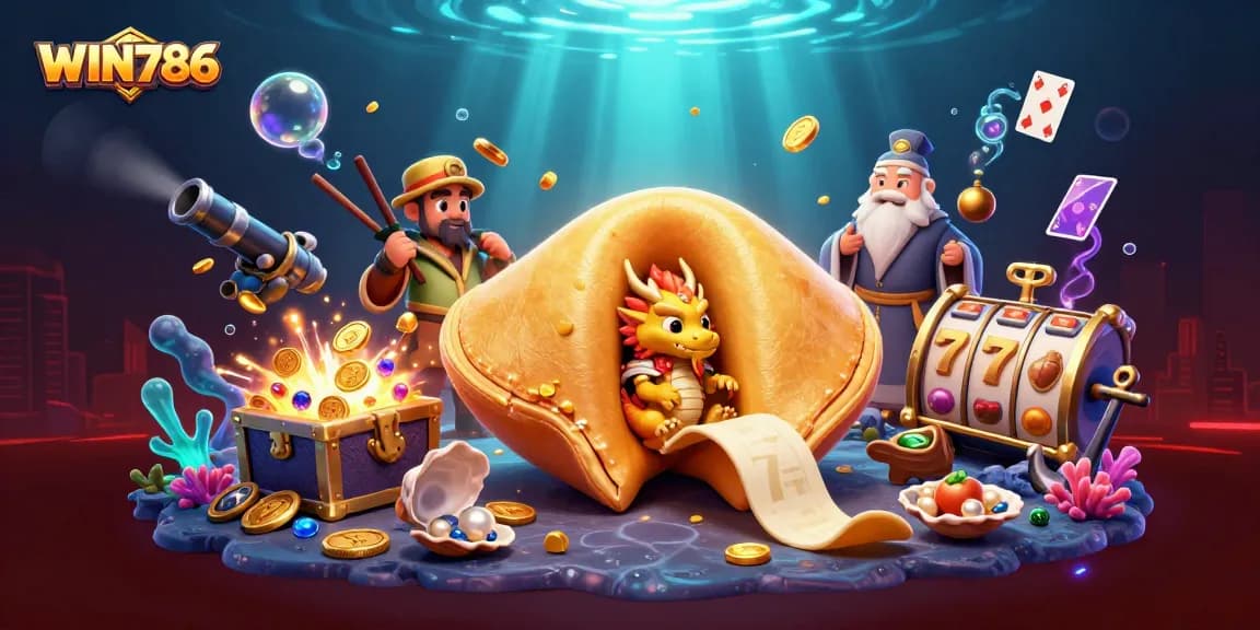 Win786 showcases an engaging 3D casino scene featuring dynamic elements like slot reels and gold treasures.