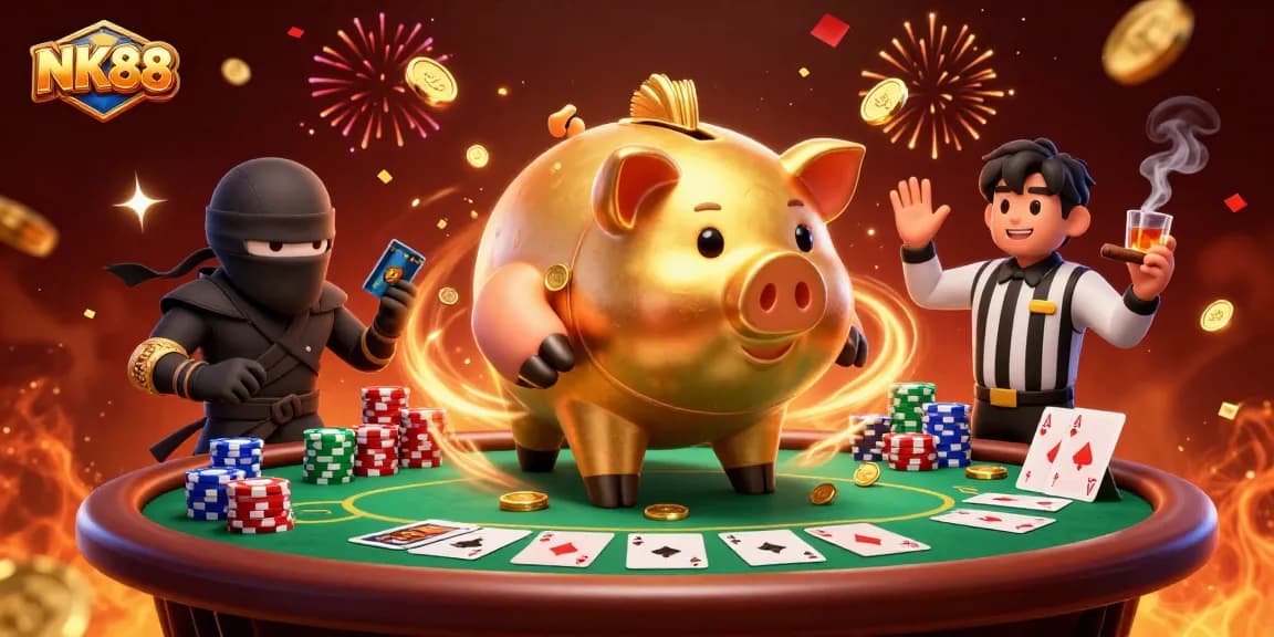 Join the excitement at NK88 with a vibrant 3D scene of bold casino characters and dynamic gameplay.