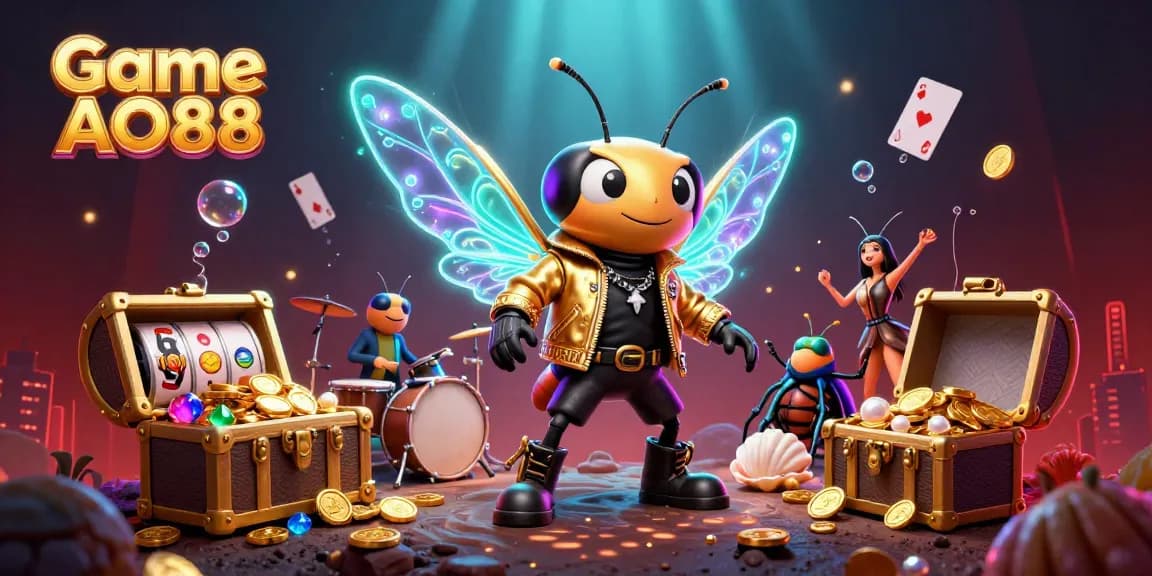 Engage with Game AO88 through vibrant 3D illustration featuring a rock star and casino elements.
