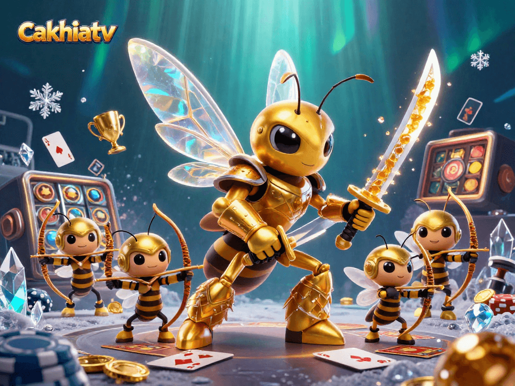 Cakhiatv showcases an interactive gaming scene with a golden hornet character surrounded by casino elements.