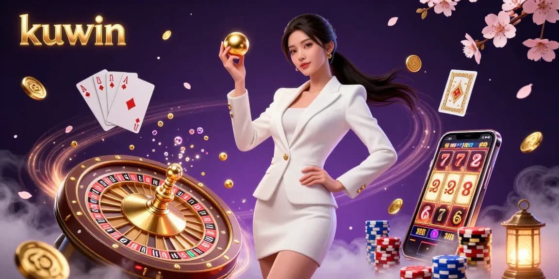 Kuwin showcases a confident woman in a casino setting, presenting a roulette ball amidst vibrant gambling elements.