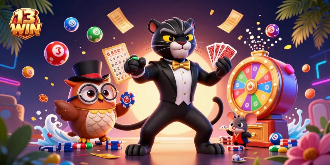 Engage with the vibrant world of 13WIN, featuring characters amid a dynamic gambling scene with colorful lottery balls and cards.