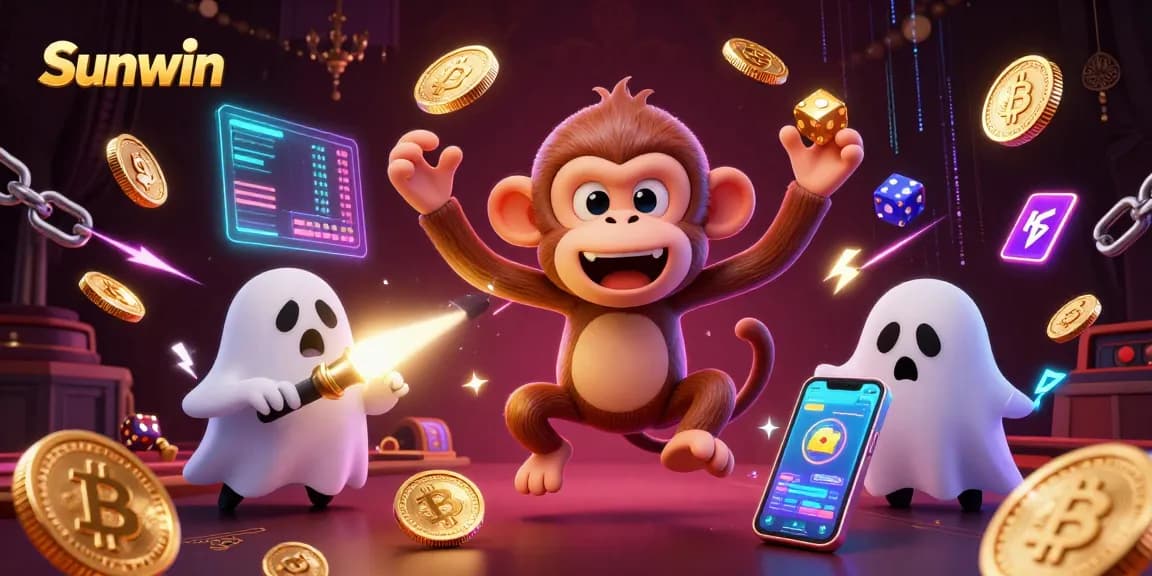 Win big at Sunwin with a ghost-hunter puppy and a mischievous monkey chasing crypto prizes in a vibrant casino.