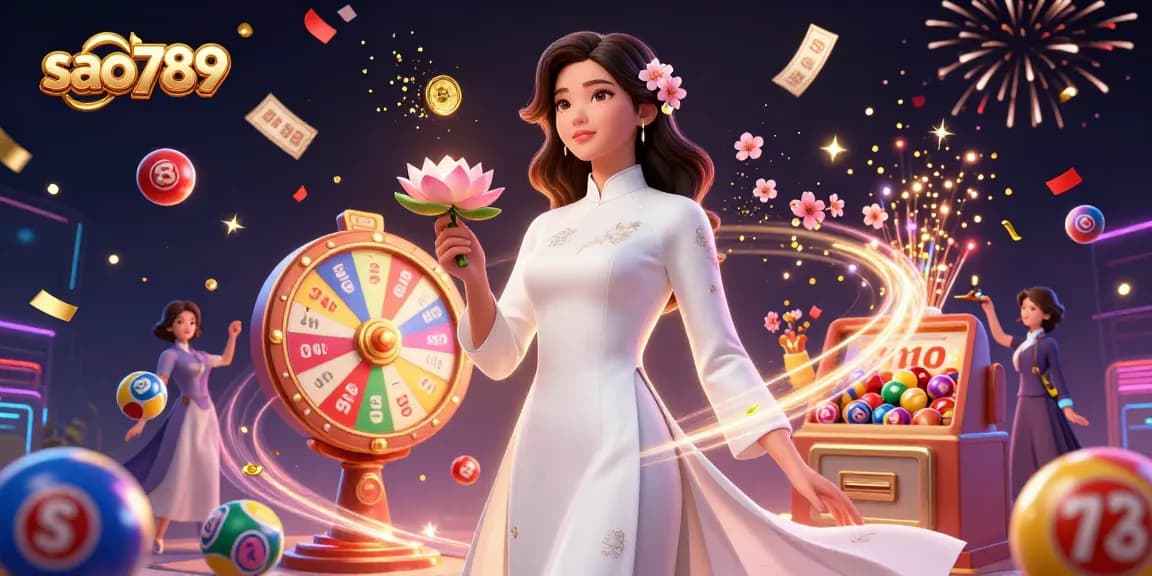 Sao789 offers thrilling gameplay while featuring an elegant woman among colorful, dynamic gaming elements in a casino-themed scene.