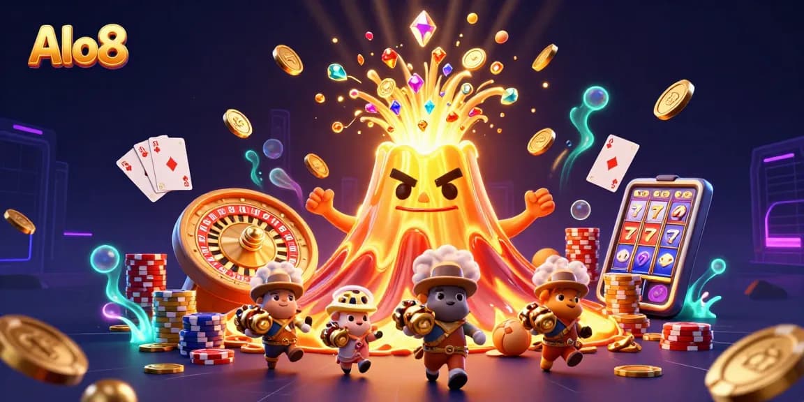 Alo8 showcases a vibrant casino scene with a triumphant volcano and treasure-seeking explorers.