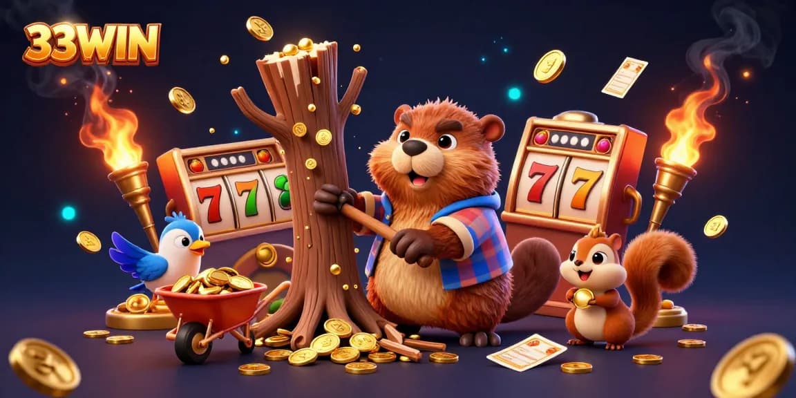Experience winning moments at 33WIN with a colorful 3D casino illustration of a beaver collecting coins!