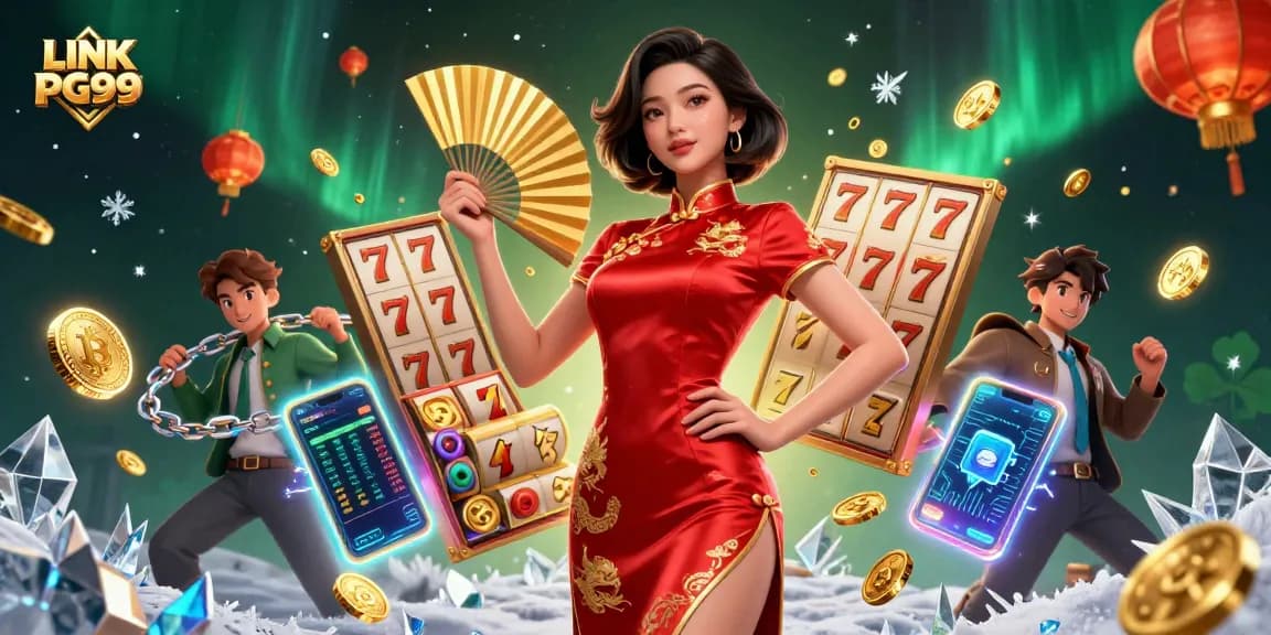 Engage in gaming with LINK PG99 as a confident woman celebrates wins amidst lively casino imagery.