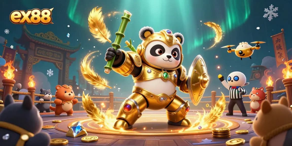 Bet on ex88's thrilling 3D panda mech-battle in a vibrant casino arena.