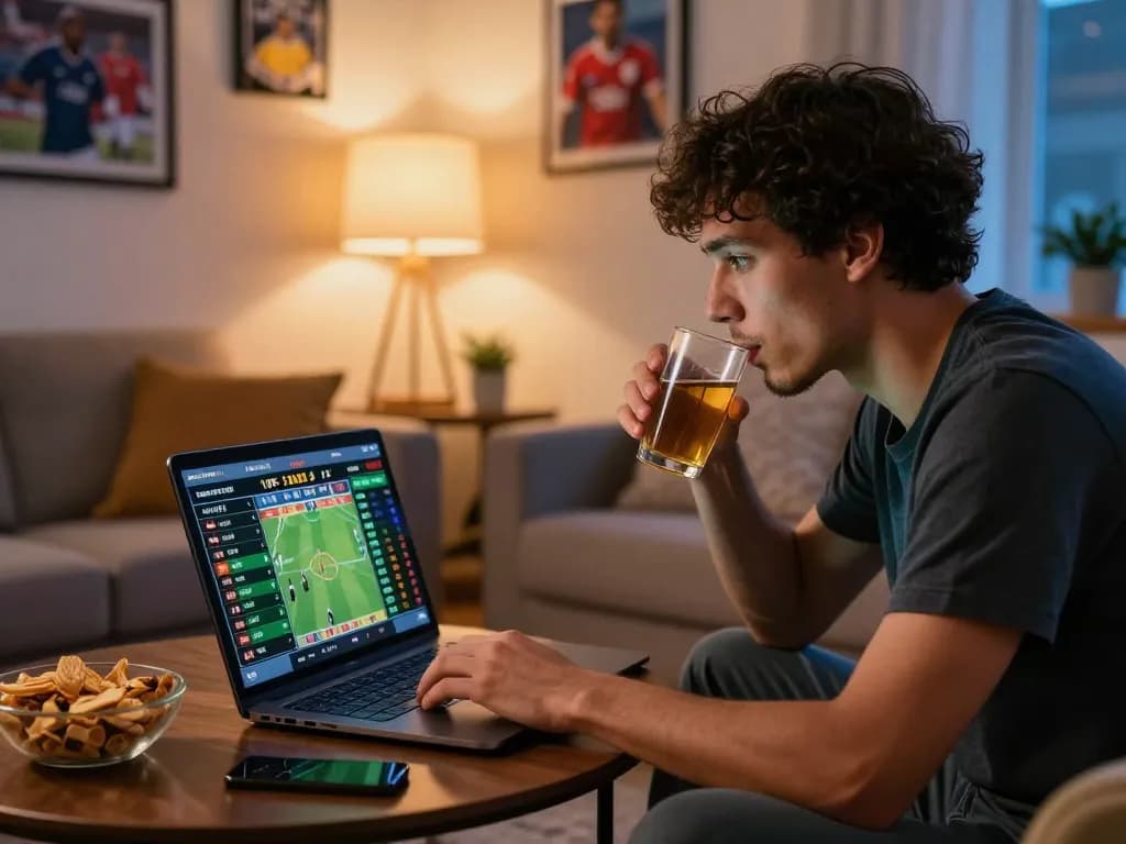 F168 player analyzing sports betting odds on a laptop, showcasing excitement in a cozy setting.