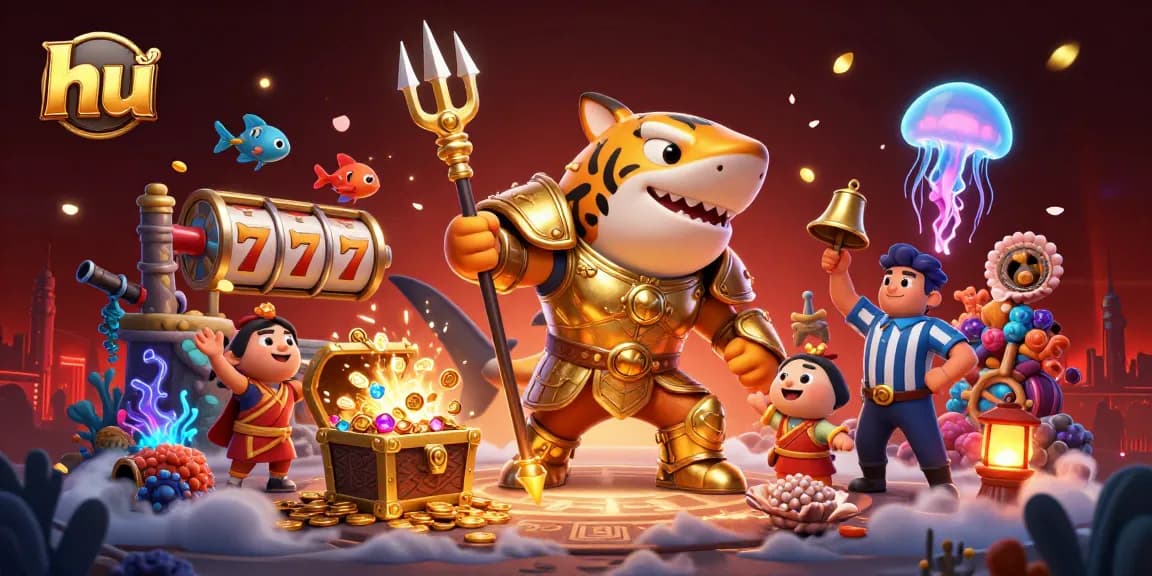 Engage in thrilling hu casino action with a shark warrior amidst vibrant underwater treasures.
