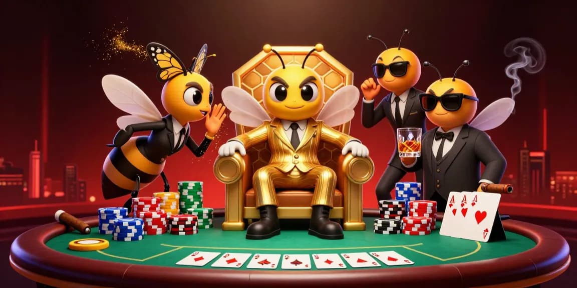 S8 players enjoy a lively poker game with a bumblebee boss, cards, and chips in a vibrant casino scene.