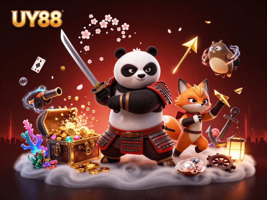 Engage in thrilling gameplay at UY88, with a vibrant scene featuring a samurai panda, ninja fox, and magical tanuki.