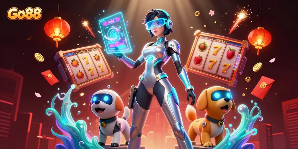 Experience thrilling gameplay with Go88's vibrant casino scene featuring a futuristic woman and playful robot dog.