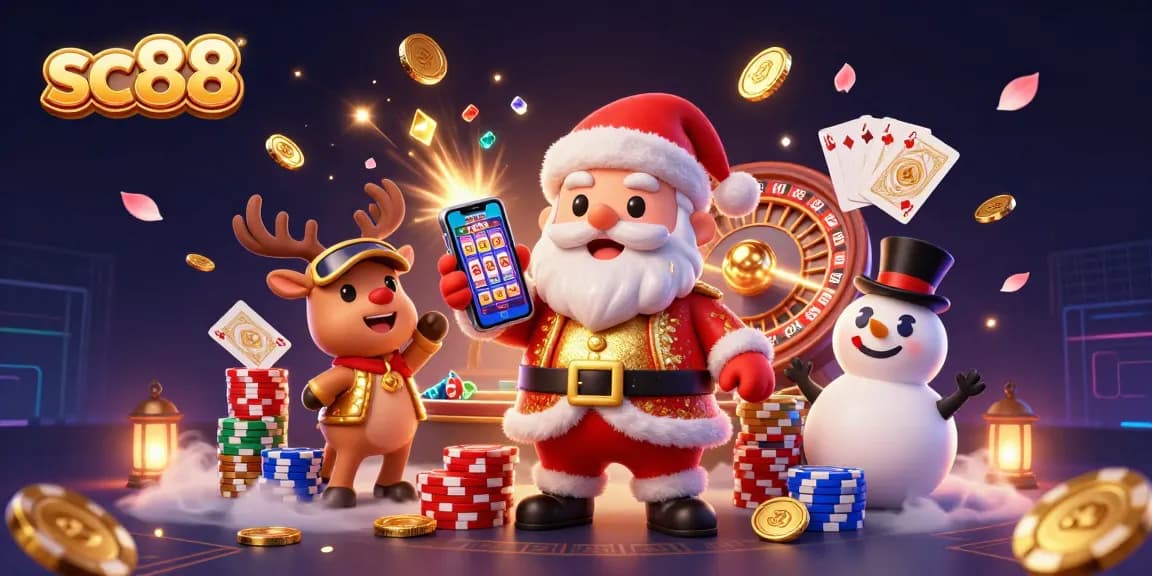 Win big with sc88 as Santa Claus, his reindeer, and snowman celebrate at a vibrant casino scene.