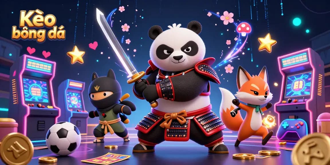 Experience thrilling Kèo bóng đá action with a samurai panda and ninja fox amidst vibrant sports betting elements.