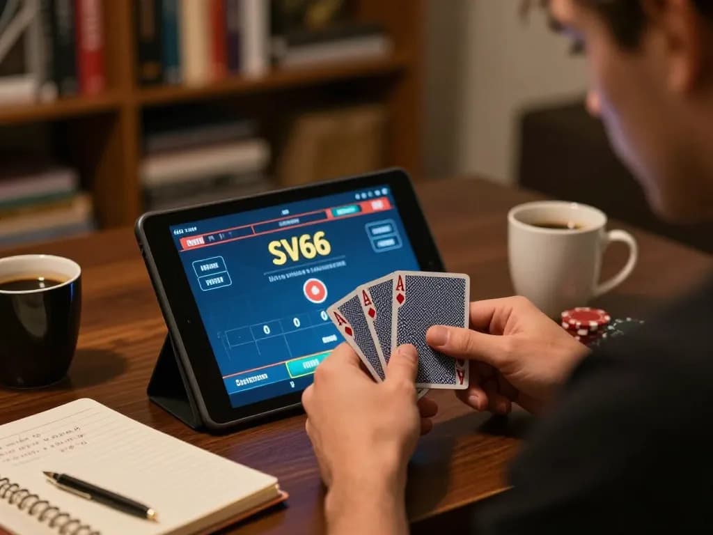 SV66 poker player engaging with online game on tablet, strategic atmosphere in cozy setting.