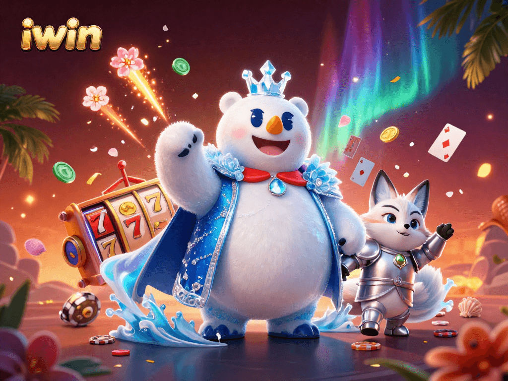 Experience the vibrant energy of iwin with our animated slot gaming scene showcasing a polar bear and fox.