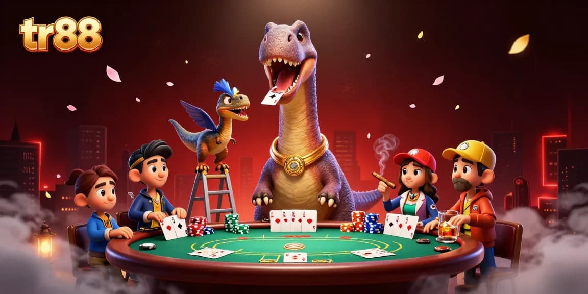 tr88 showcases a vibrant casino scene with a brontosaurus and a clever raptor dealing poker cards.