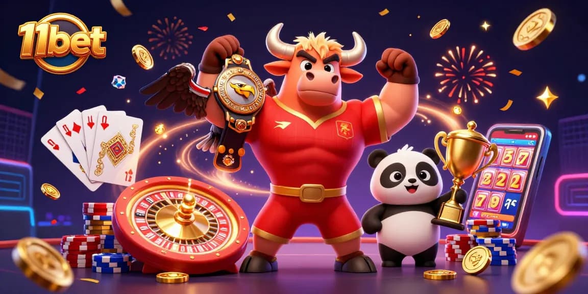 Bet big with 11bet, featuring a dynamic illustration of a victorious bull and friends celebrating gambling wins.