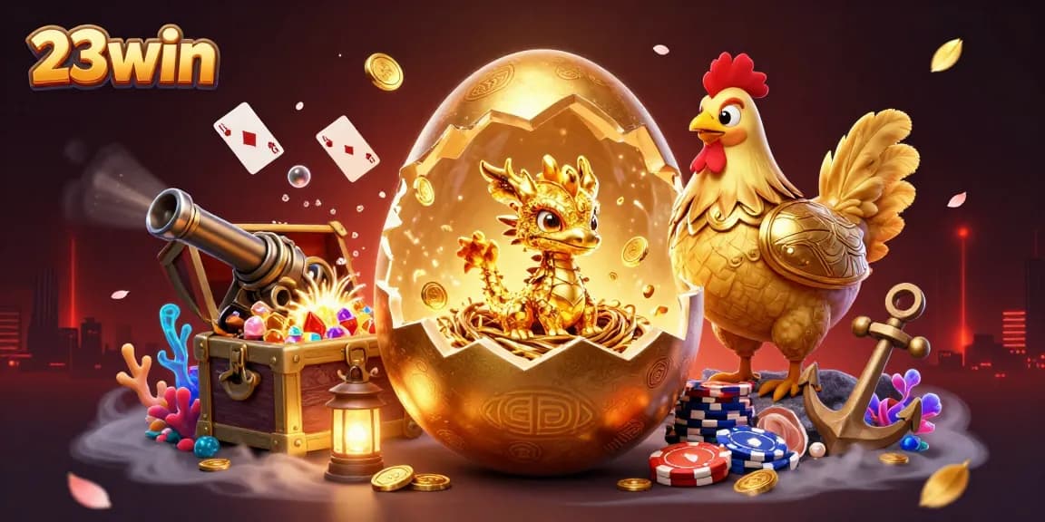 Players enjoy 23win with a golden dragon amid gold coins and dynamic casino elements.