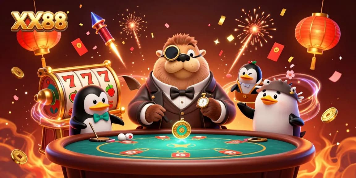 Engage in thrilling slots at XX88 with a lively walrus and penguin dealer in a festive underwater setting.
