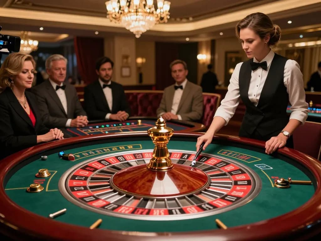 Experience the excitement of Pragmati Play with a dynamic roulette game featuring a croupier and engaged players in an upscale casino atmosphere.
