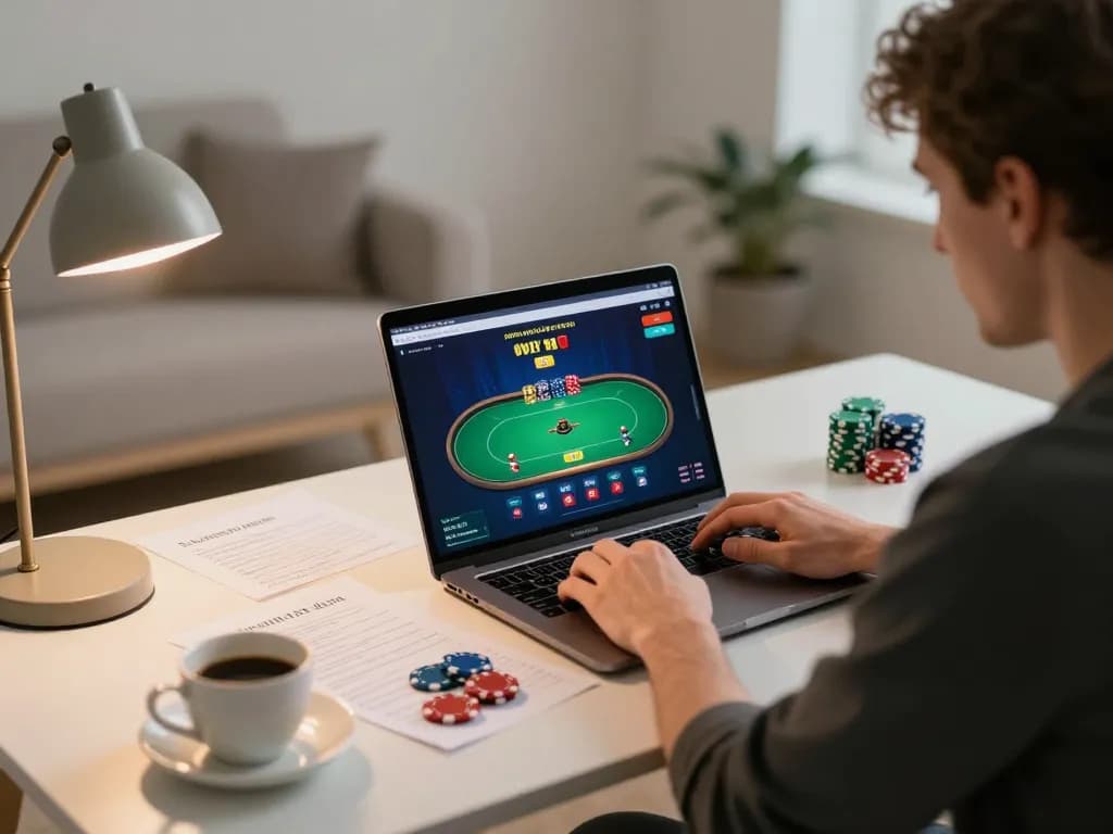 Player using five88so online casino platform for poker strategy in a cozy home setting