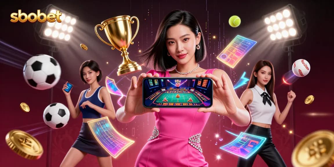 Sbobet sports betting scene with a tech-savvy woman, dynamic action and luxurious elements