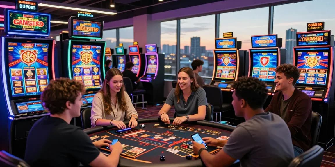 Exciting gameplay at non GamStop casinos with friends gathered around vibrant slot games and gaming tables