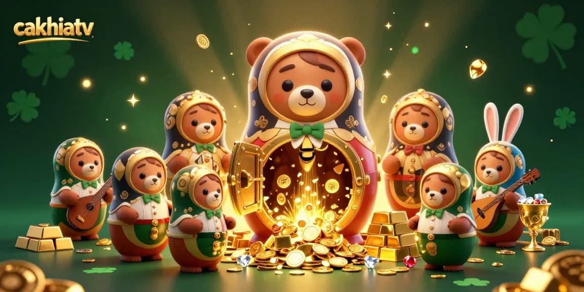Cakhiatv offers an engaging 3D illustration of bears in casino outfits and gold treasures, enhancing the viewing experience.