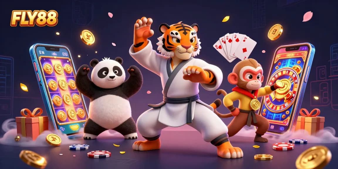 Experience excitement with FLY88 while a kung fu tiger masters the crane stance amidst dynamic casino elements.