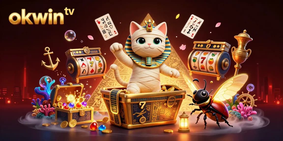 Join the thrilling action of okwin tv, featuring a vibrant cartoon mummy and gold-themed casino elements.