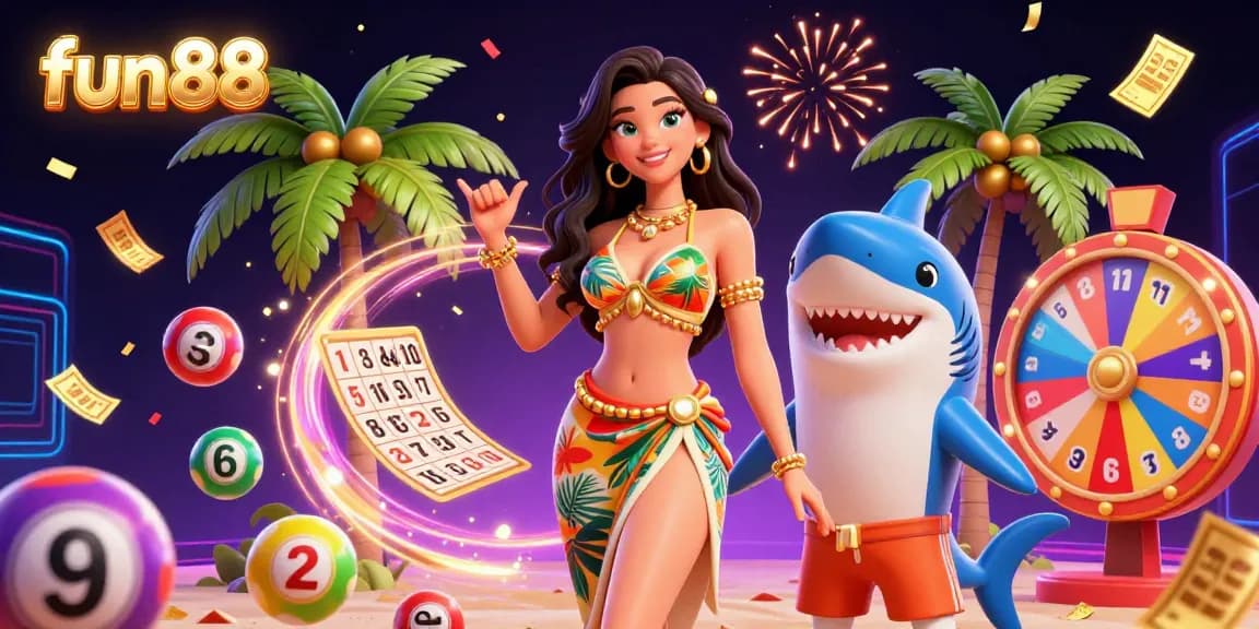 Engage with fun88's vibrant gaming world featuring colorful lottery elements and dynamic casino excitement.
