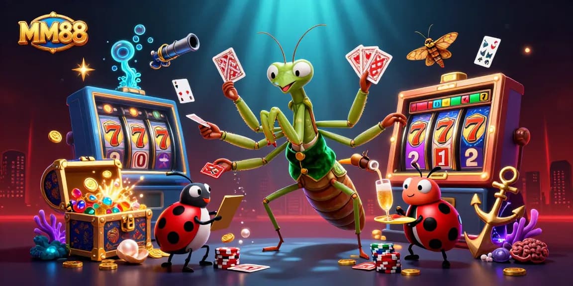 MM88 casino scene featuring a mantis card sharp and ladybug pit boss amidst vibrant jackpot elements.