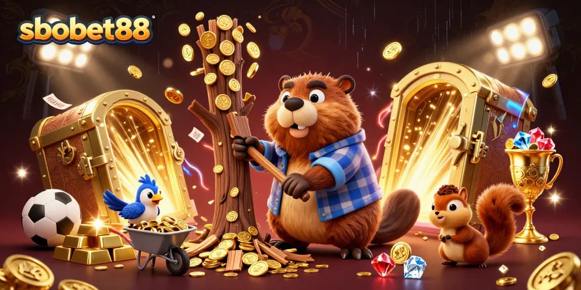 Splace your bets with sbobet88 as a 3D beaver chops a tree, raining coins in a vibrant scene.