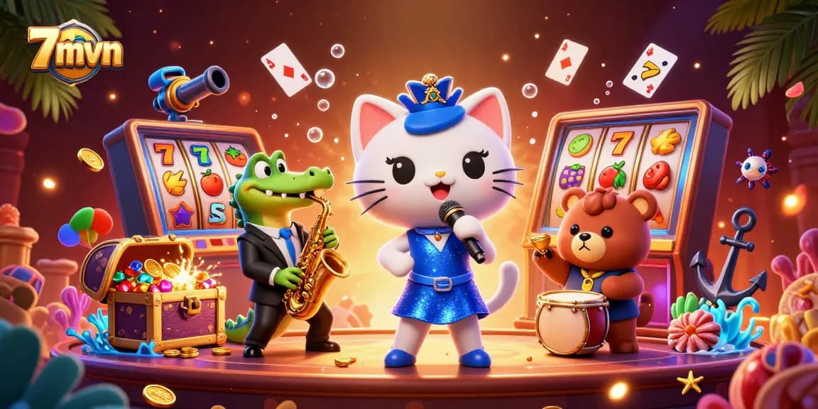 Engage with 7mvn's vibrant casino scene featuring a jazz-singer cat, a saxophone crocodile, and a bear cub amidst dynamic slot elements.