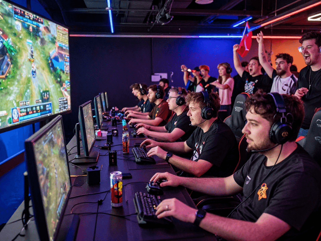 KOMBET168 esports tournament scene with gamers in action and vibrant lights