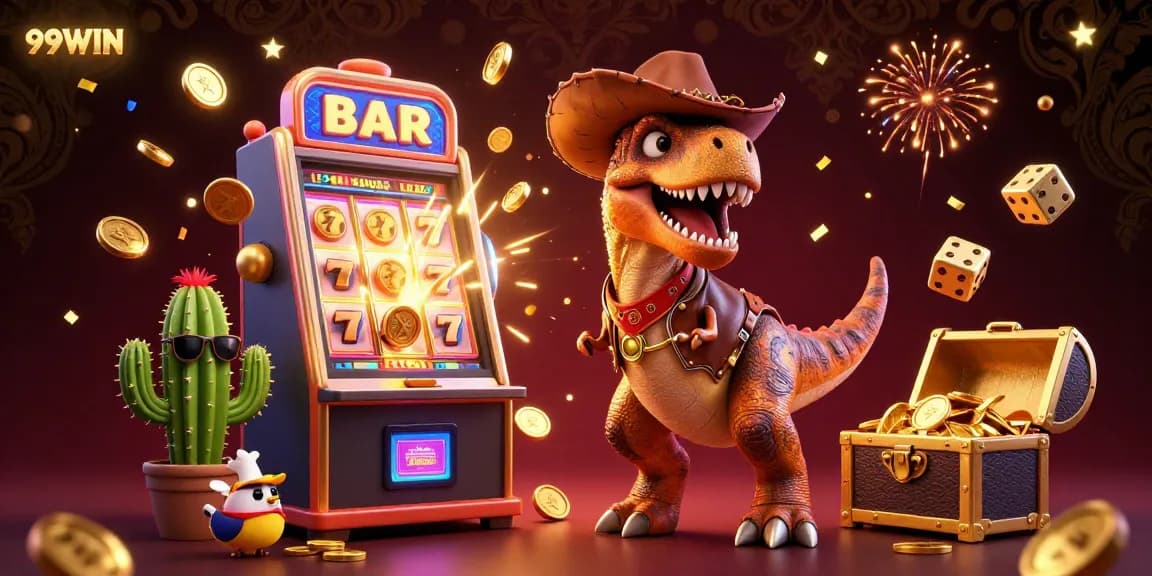 Experience thrilling wins with 99WIN in a vibrant casino scene featuring a T-Rex and a slot machine.
